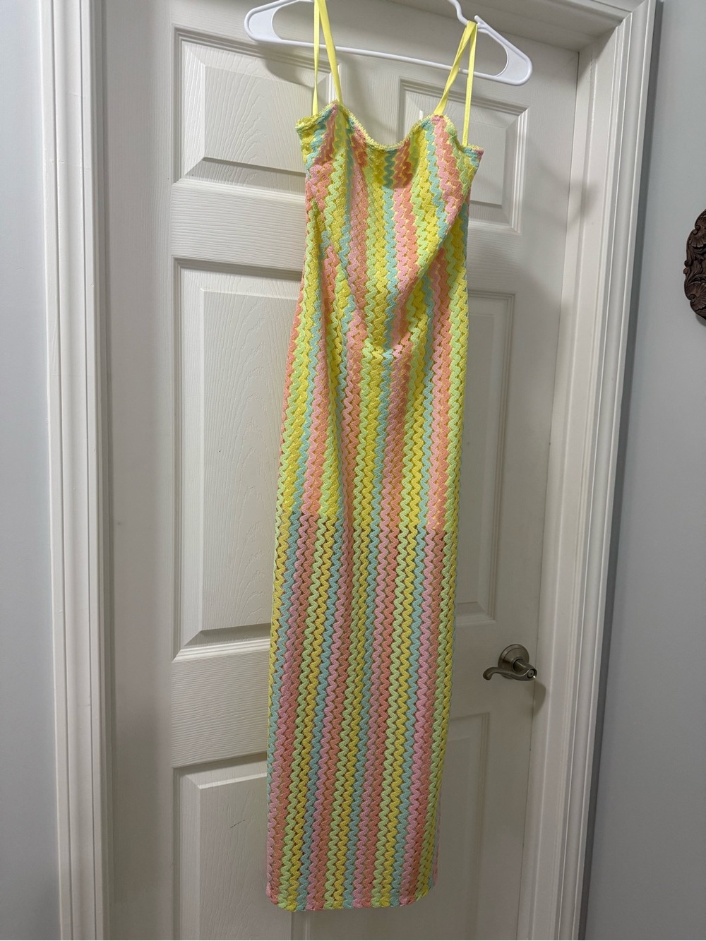Pastel Yellow Chevron Maxi Slip Dress with Spaghetti Straps